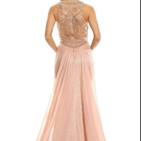 Eureka Sequin Illusion Halter Evening Prom Dress W/Sheer Overlay Rose Gold XS - Picture 2 of 11